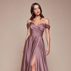 New Off Shoulder A-Line Long Plus Size Soft Satin Dress w/ Leg Slit CD 7493C